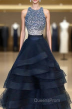 Two Pieces Navy Evening Prom Dress Halter Neckline, Evening Dress, Graduation School Party Dance Dress
