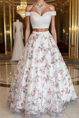 Two Pieces Off The Shoulder Lace Floral White Evening Prom Dress, Off Shoulder White Formal Dress, Two Pieces White Evening Dress