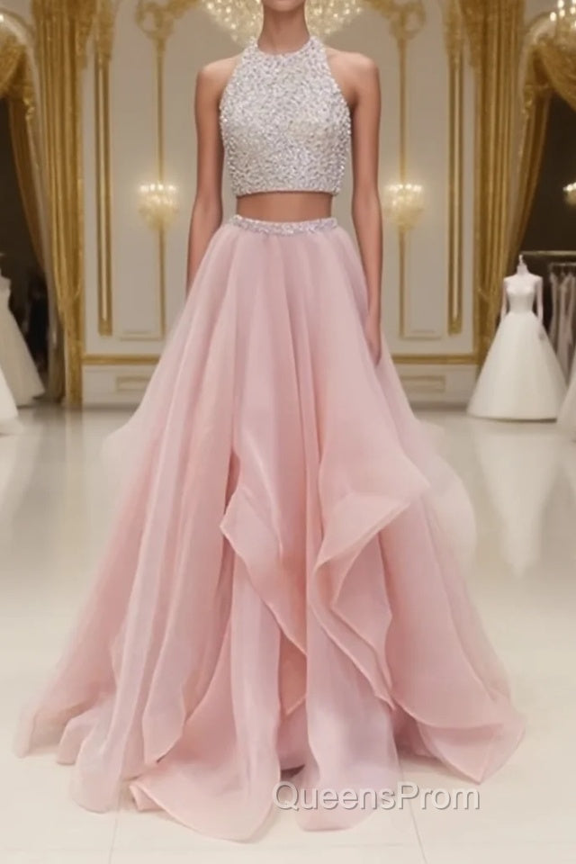 Two Pieces Round Neck Sequins Long Pink Evening Prom Dress, Pink Evening Dress Main image