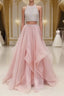 Two Pieces Round Neck Sequins Long Pink Evening Prom Dress, Pink Evening Dress