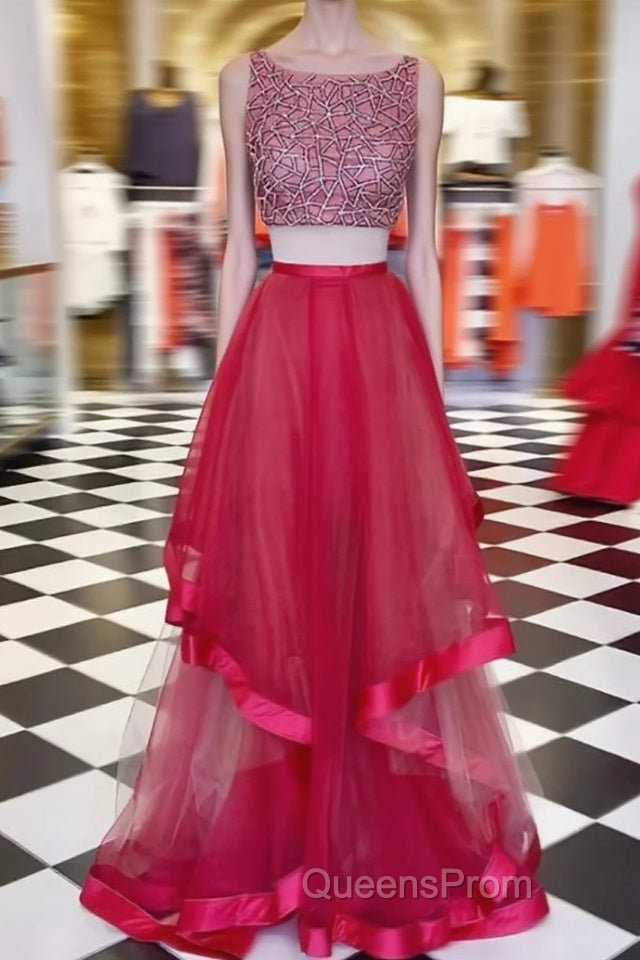 Two Pieces Sequin Round Neck Tulle Long Red Evening Prom Dress, Red Evening Dress Main image