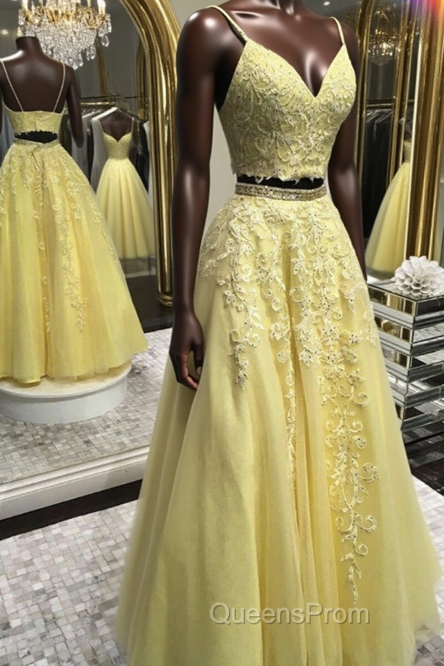 Two Pieces V Neck Yellow Lace Long Evening Prom Dress, 2 Pieces Yellow Formal Dress, Yellow Lace Evening Dress Main image