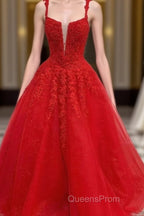 Red Tulle Lace A Line Formal Evening Dress Appliques Long Evening Prom Dress