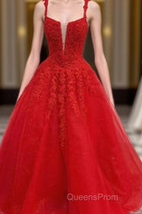 Red Tulle Lace A Line Formal Evening Dress Appliques Long Evening Prom Dress