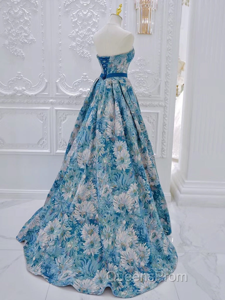 Unique A-Line Flower Satin Blue Long Evening Prom Dress, Blue Long Formal Dress Secondary image