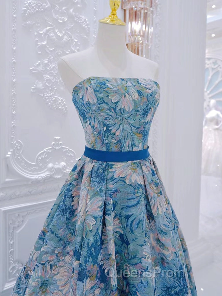 Unique A-Line Flower Satin Blue Long Evening Prom Dress, Blue Long Formal Dress