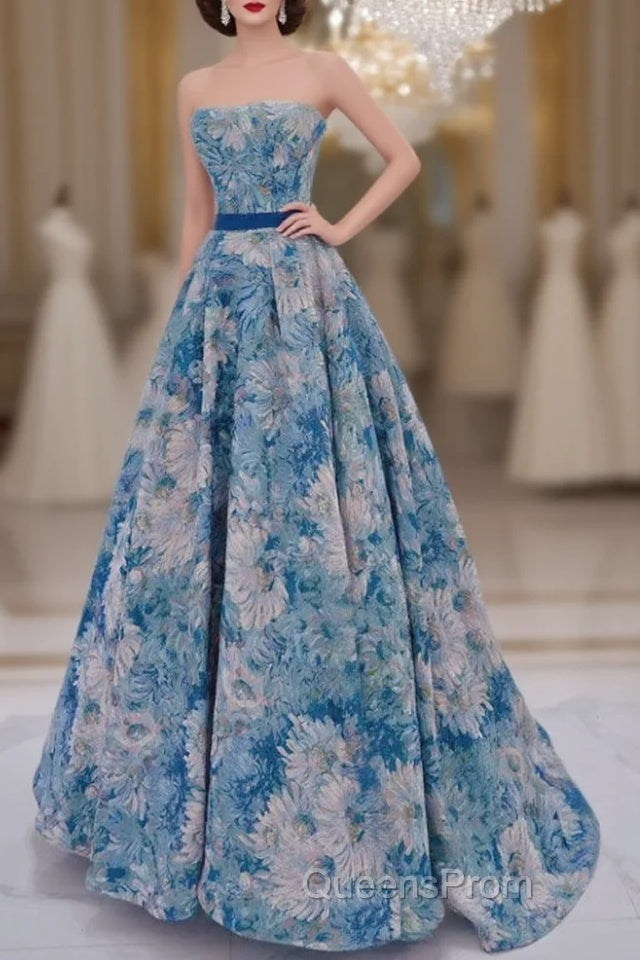 Unique A-Line Flower Satin Blue Long Evening Prom Dress, Blue Long Formal Dress Main image