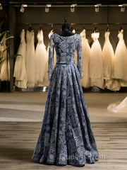 Unique A-Line/Princess Scoop Long Sleeves Applique With Beading Floor-Length Wedding Dress