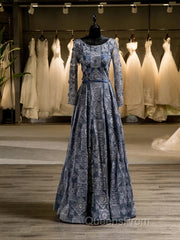 Unique A-Line/Princess Scoop Long Sleeves Applique With Beading Floor-Length Wedding Dress