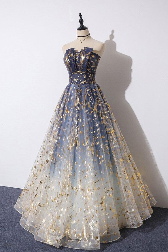 Unique A Line Strapless Ombre Long Classy Prom Dress Stunning Party Dress