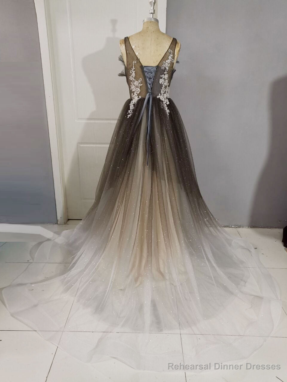 Unique A line V Neck Tulle Lace Long Prom Dress,  Tulle Formal Dress Secondary image