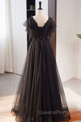 Unique And Beautiful Black Beaded Short Sleeved Sequin Ball Dress With Black A-Shaped Princess V-Neck Backless Chiffon And Floor Length Evening Dress