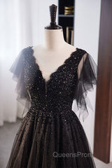 Unique And Beautiful Black Beaded Short Sleeved Sequin Ball Dress With Black A-Shaped Princess V-Neck Backless Chiffon And Floor Length Evening Dress