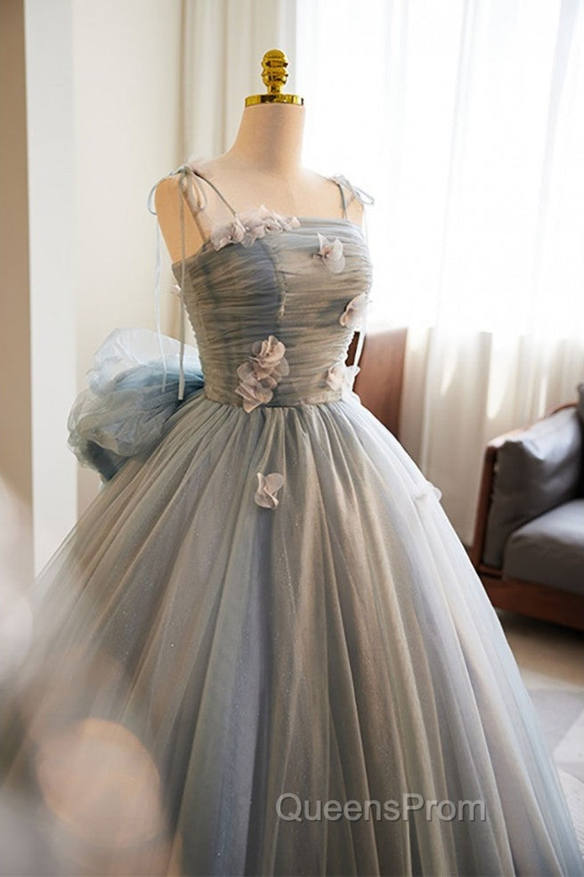 Unique And Beautiful Gray Sticker Sleeveless Off The Shoulder Ball Dress, Gray A-Line Princess Sheer Thin Shoulder Strap, Backless Tie Bow And Ground Length Evening Prom Dress Secondary image