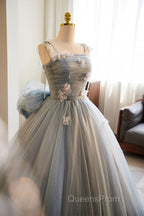 Unique And Beautiful Gray Sticker Sleeveless Off The Shoulder Ball Dress, Gray A-Line Princess Sheer Thin Shoulder Strap, Backless Tie Bow And Ground Length Evening Prom Dress