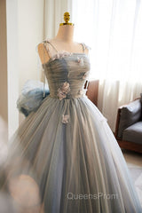 Unique And Beautiful Gray Sticker Sleeveless Off The Shoulder Ball Dress, Gray A-Line Princess Sheer Thin Shoulder Strap, Backless Tie Bow And Ground Length Evening Prom Dress