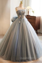 Unique And Beautiful Gray Sticker Sleeveless Off The Shoulder Ball Dress, Gray A-Line Princess Sheer Thin Shoulder Strap, Backless Tie Bow And Ground Length Evening Prom Dress