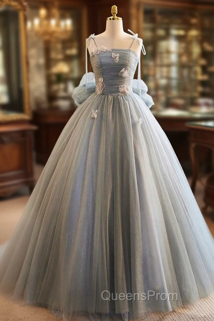Unique And Beautiful Gray Sticker Sleeveless Off The Shoulder Ball Dress, Gray A-Line Princess Sheer Thin Shoulder Strap, Backless Tie Bow And Ground Length Evening Prom Dress Main image