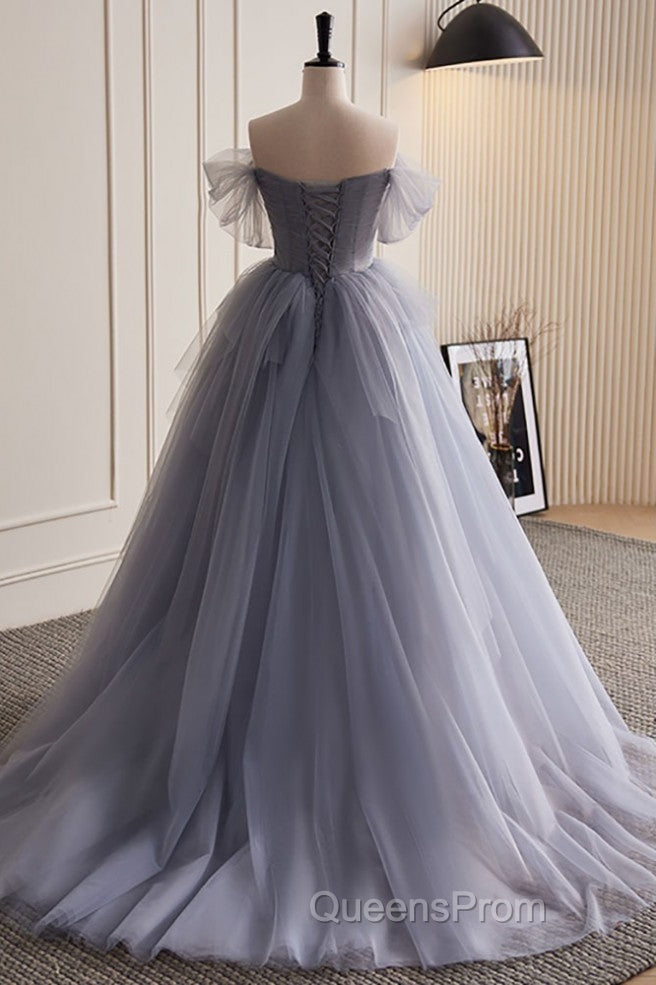 Unique And Beautiful Silver Gray Beaded Pearl Sequins Off The Shoulder Sleeveless Decal Pleated Ball Dress Silver Gray A-Shaped Thin Gauze Pong Truffle Back Strap And Ground Length Evening Prom Dress