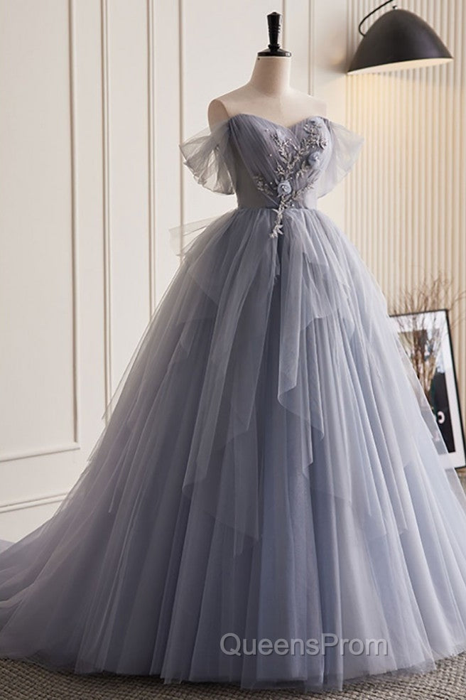 Unique And Beautiful Silver Gray Beaded Pearl Sequins Off The Shoulder Sleeveless Decal Pleated Ball Dress Silver Gray A-Shaped Thin Gauze Pong Truffle Back Strap And Ground Length Evening Prom Dress Secondary image