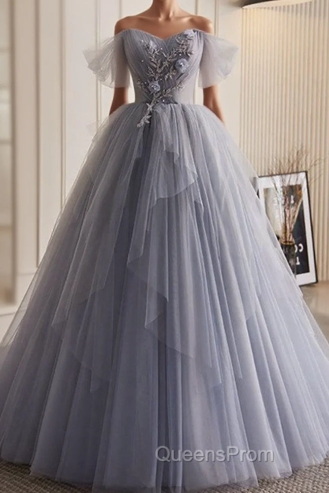 Unique And Beautiful Silver Gray Beaded Pearl Sequins Off The Shoulder Sleeveless Decal Pleated Ball Dress Silver Gray A-Shaped Thin Gauze Pong Truffle Back Strap And Ground Length Evening Prom Dress Main image