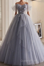 Unique And Beautiful Silver Gray Beaded Pearl Sequins Off The Shoulder Sleeveless Decal Pleated Ball Dress Silver Gray A-Shaped Thin Gauze Pong Truffle Back Strap And Ground Length Evening Prom Dress