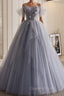 Unique And Beautiful Silver Gray Beaded Pearl Sequins Off The Shoulder Sleeveless Decal Pleated Ball Dress Silver Gray A-Shaped Thin Gauze Pong Truffle Back Strap And Ground Length Evening Prom Dress