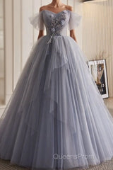 Unique And Beautiful Silver Gray Beaded Pearl Sequins Off The Shoulder Sleeveless Decal Pleated Ball Dress Silver Gray A-Shaped Thin Gauze Pong Truffle Back Strap And Ground Length Evening Prom Dress