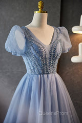 Unique And Beautiful Sky Blue Beaded Rhinestone Fluffy Short Sleeved Ball Dress With Sky Blue A-Shaped Princess V-Neck Backless Strap And Ground Length Evening Dress