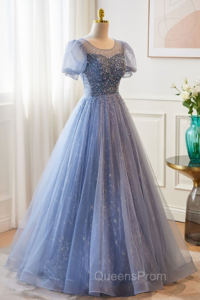 Unique And Beautiful Sky Blue Low Round Neck Short Sleeved Beaded Sequin Ball Dress With Sky Blue A-Line/Princess Backless Strap And Ground Length Evening Dress Secondary image