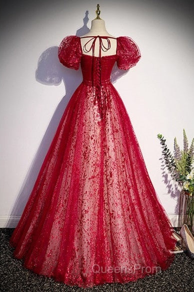 Unique And Beautiful Wine Red Sequin Square Neckline Short Sleeved Ball Dress Wine Red A-Shaped/Princess Fluffy Backless Tie Bow And Floor Length Evening Dress Secondary image