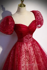 Unique And Beautiful Wine Red Sequin Square Neckline Short Sleeved Ball Dress Wine Red A-Shaped/Princess Fluffy Backless Tie Bow And Floor Length Evening Dress