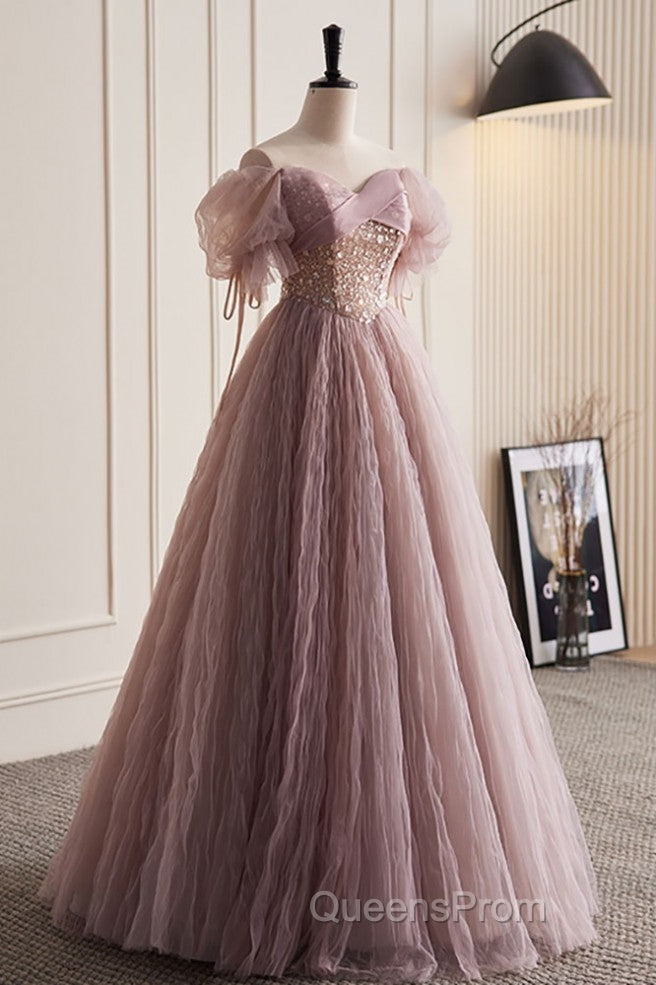 Unique And Elegant Dark Pink Sequin Off The Shoulder Short Sleeved Ball Dress Dark Pink A-Line Princess Glitter Beaded Backless And Ground Length Evening Prom Dress Secondary image