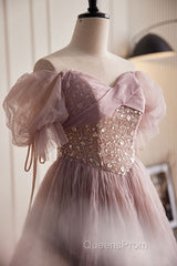 Unique And Elegant Dark Pink Sequin Off The Shoulder Short Sleeved Ball Dress Dark Pink A-Line Princess Glitter Beaded Backless And Ground Length Evening Prom Dress