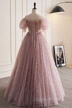 Unique And Elegant Dark Pink Sequin Off The Shoulder Short Sleeved Ball Dress Dark Pink A-Line Princess Glitter Beaded Backless And Ground Length Evening Prom Dress