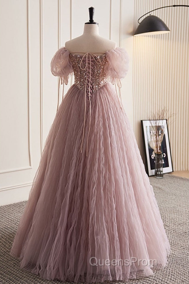 Unique And Elegant Dark Pink Sequin Off The Shoulder Short Sleeved Ball Dress Dark Pink A-Line Princess Glitter Beaded Backless And Ground Length Evening Prom Dress