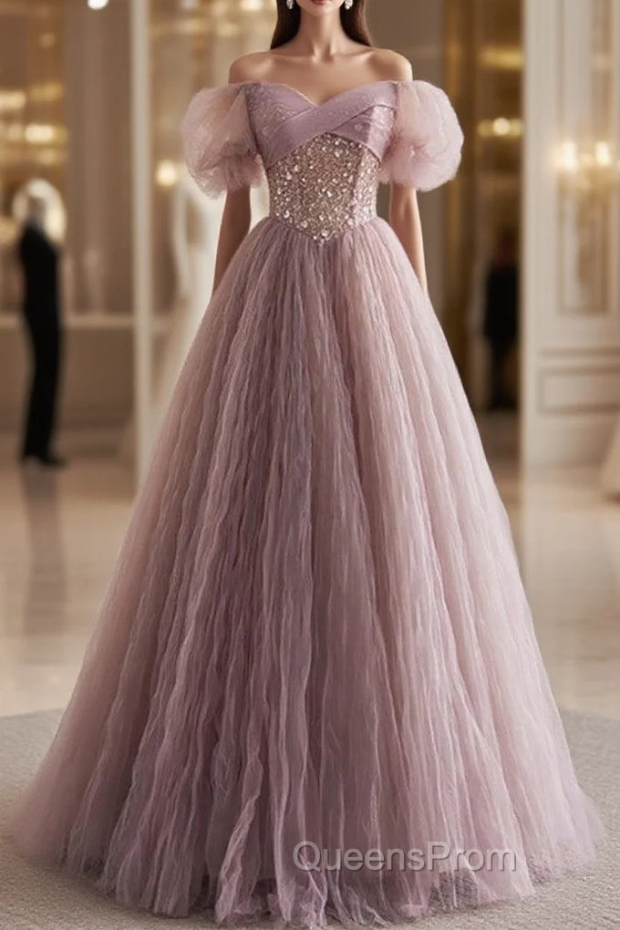 Unique And Elegant Dark Pink Sequin Off The Shoulder Short Sleeved Ball Dress Dark Pink A-Line Princess Glitter Beaded Backless And Ground Length Evening Prom Dress Main image
