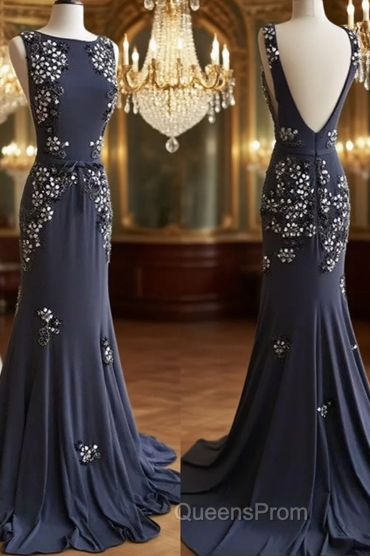 Unique Applique Chiffon Long Evening Prom Dress, Backless Evening Dress