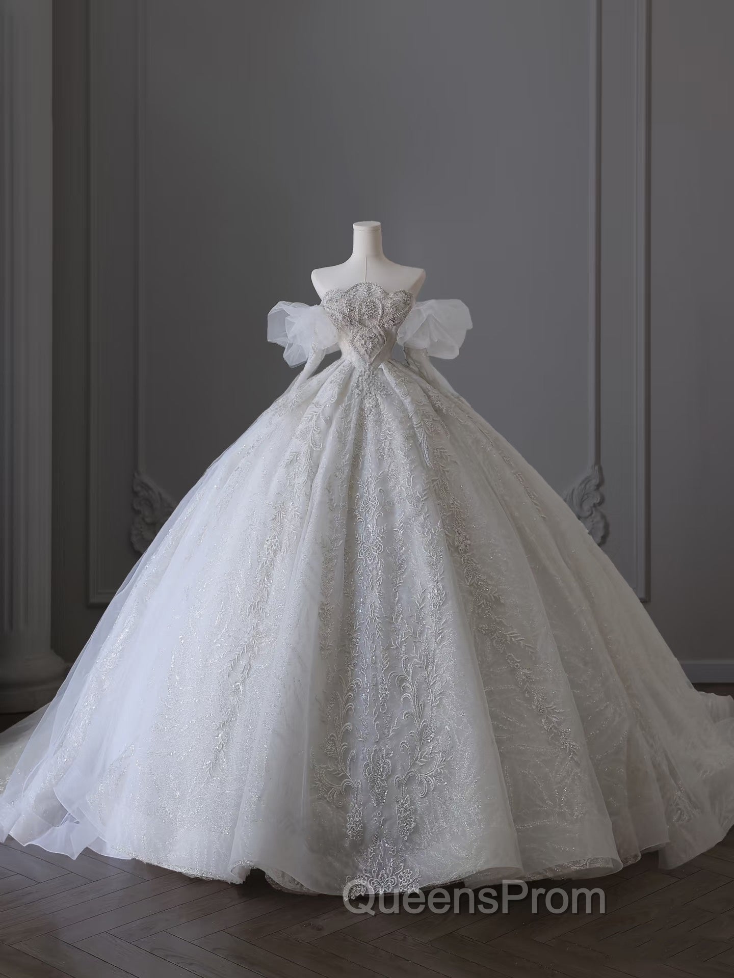 Unique Ball Gown Off The Shoulder Lace Long Sleeves Wedding Dress Brides Dress