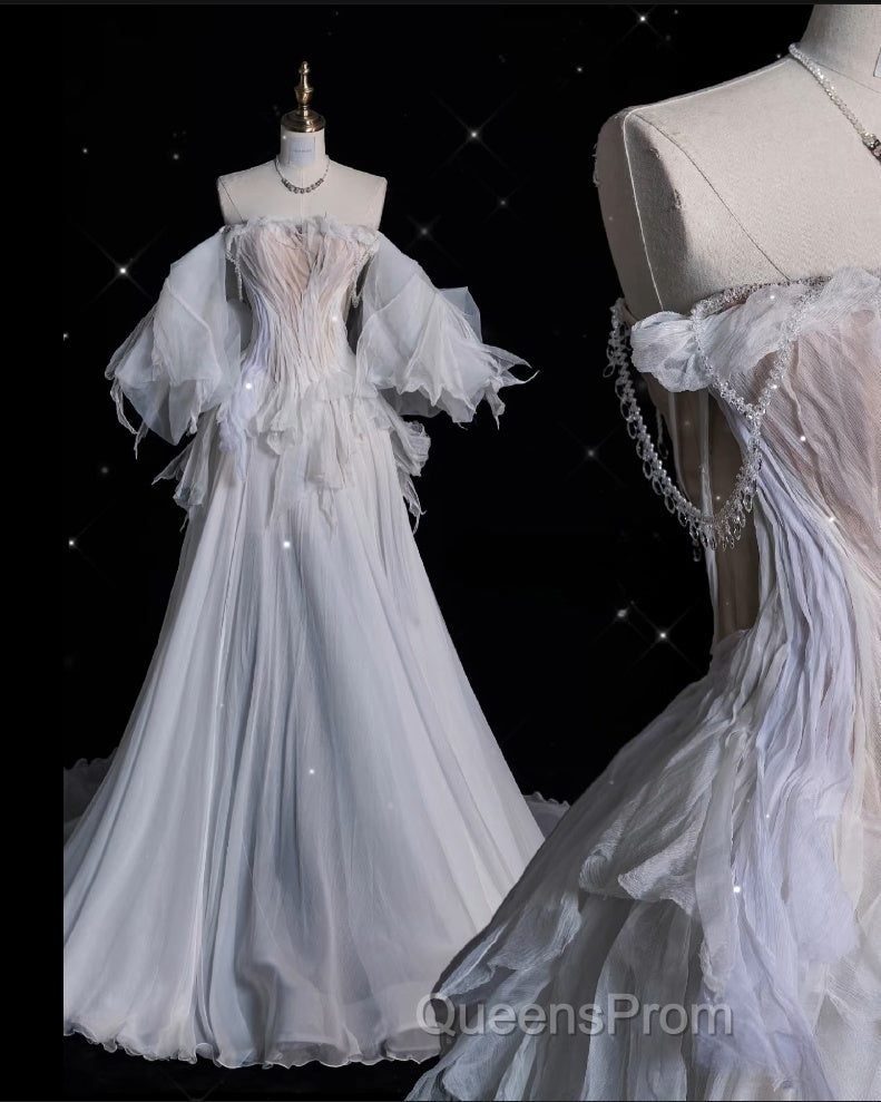 Unique Ball Gown Off The Shoulder Long Tulle White Wedding Dress Brides Dress