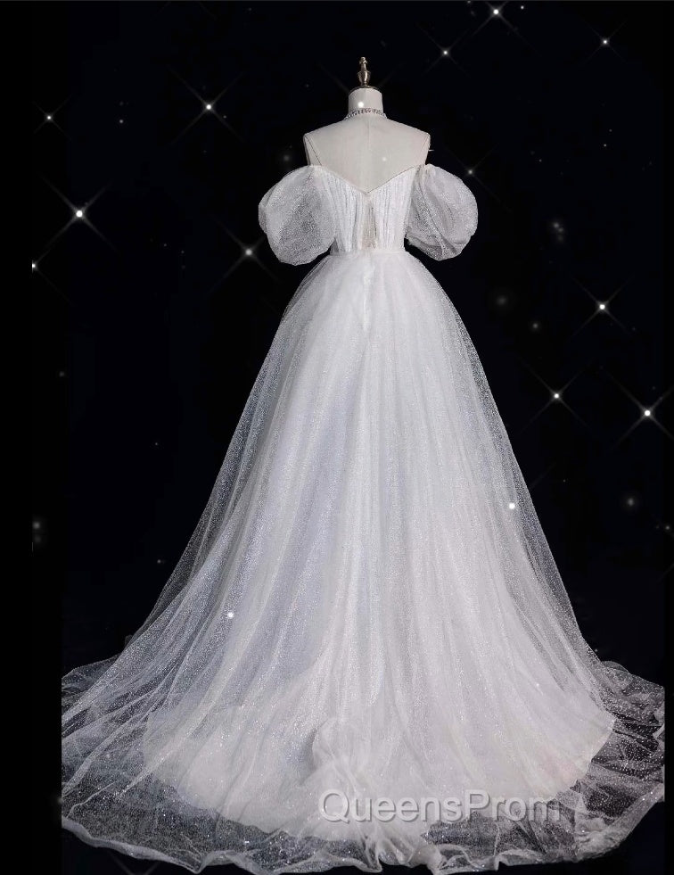 Unique Ball Gown Off The Shoulder Sequin Short Sleeves White Wedding Dress Brides Dress Secondary image