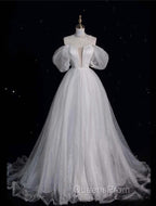 Unique Ball Gown Off The Shoulder Sequin Short Sleeves White Wedding Dress Brides Dress