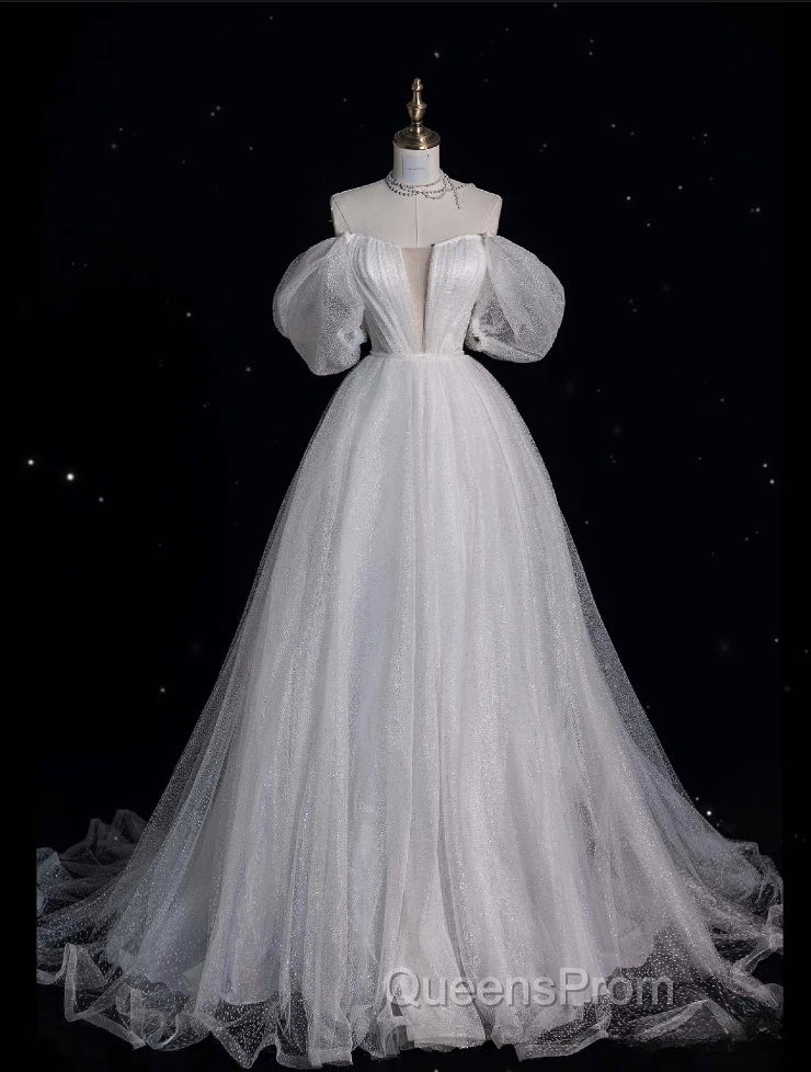 Unique Ball Gown Off The Shoulder Sequin Short Sleeves White Wedding Dress Brides Dress