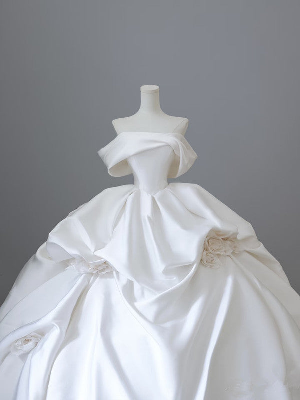 Unique Ball Gown Strapless Off The Shoulder Satin Long Wedding Dress Brides Dress