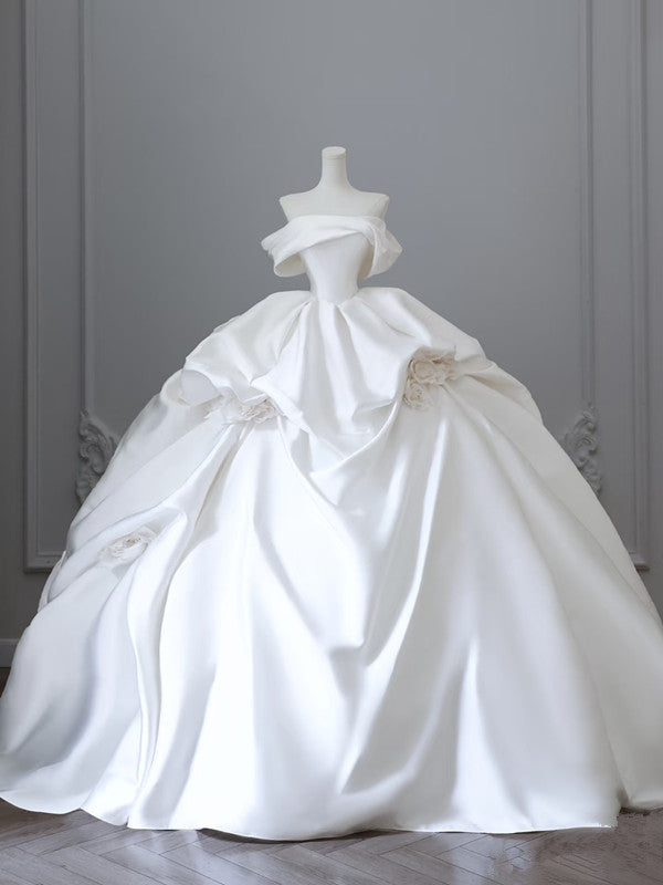 Unique Ball Gown Strapless Off The Shoulder Satin Long Wedding Dress Brides Dress