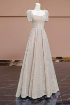 Unique Ball Gown Strapless Short Sleeves Long Wedding Dress