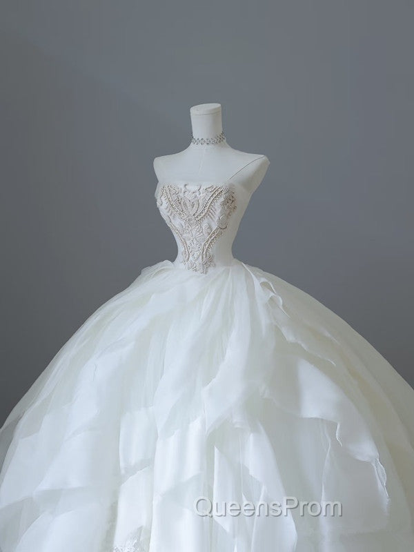 Unique Ball Gown Strapless Tulle White Long Wedding Dress Brides Dress