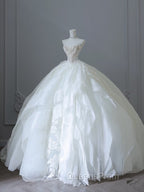 Unique Ball Gown Strapless Tulle White Long Wedding Dress Brides Dress