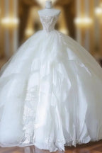 Unique Ball Gown Strapless Tulle White Long Wedding Dress Brides Dress