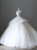 Unique Ball Gown Strapless White Lace Satin Long Wedding Dress Brides Dress